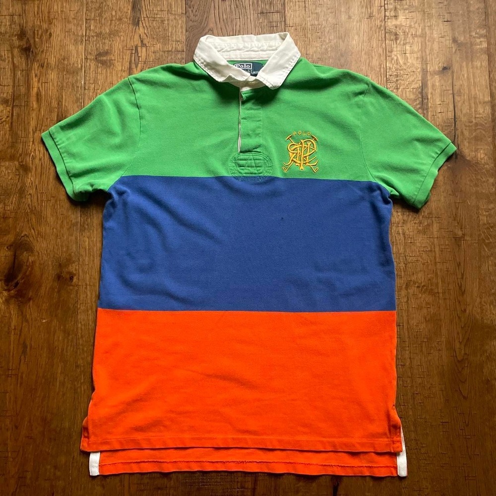 Polo Ralph Lauren Rugby Shirt Mens L Multi Preppy Colorblock Crest Short Sleeve